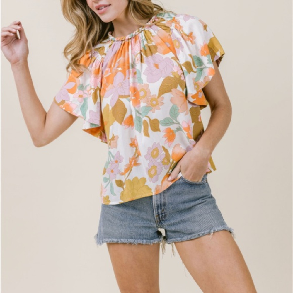 Orange and Pink Flutter Sleeve Ruffled Blouse